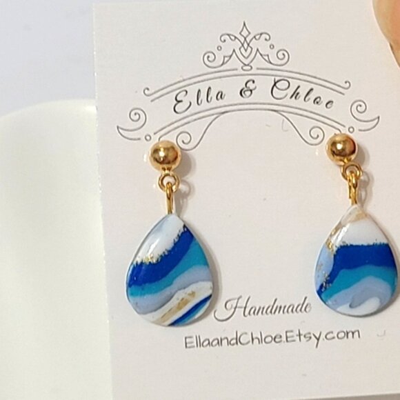 Boho Artisan Blue White Gold Ball Teardrop Gemstone Agate Inspired Drop Earrings - Picture 2 of 6